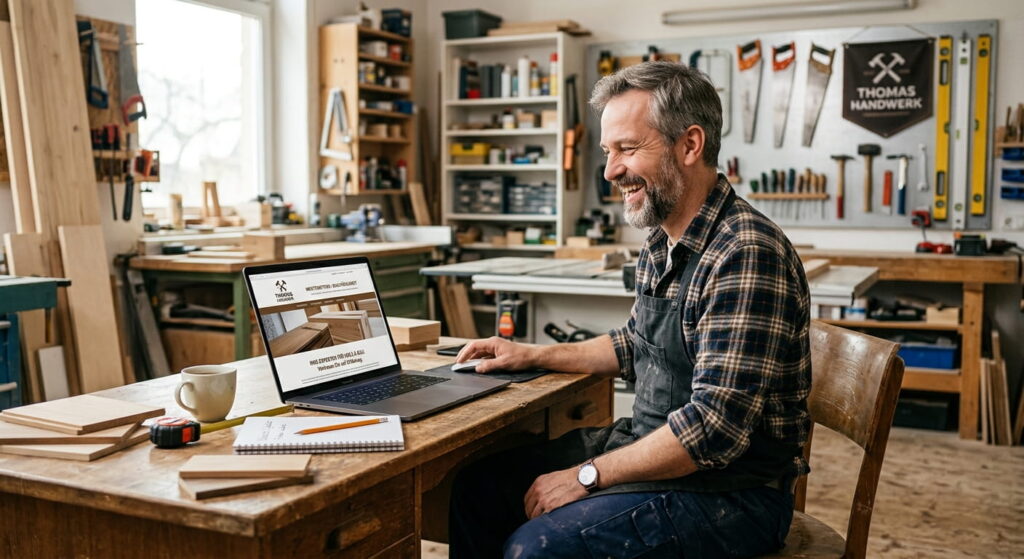 glücklicher Handwerker arbeitet an Website Die Wichtigkeit einheitlicher Firmendaten im Netz